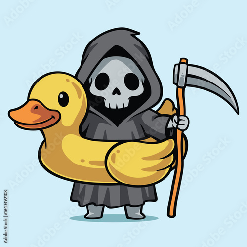 Grim Reaper's Pool Day with Duck Float, A humorous and adorable cartoon illustration of the Grim Reaper, depicted in a cute chibi style, holding a yellow rubber ducky swim float.