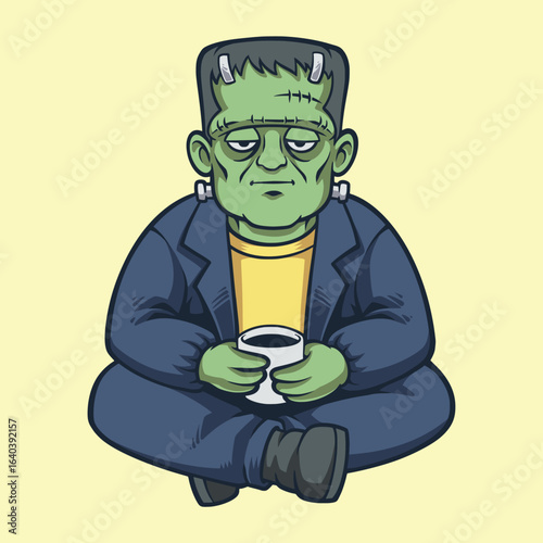 Chill Frankenstein Drinking Matcha, A relaxed and cute cartoon illustration of Frankenstein's monster sitting cross-legged, peacefully sipping a cup of steaming green matcha tea.