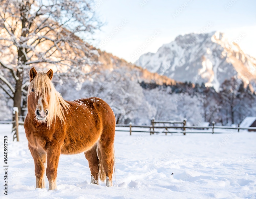 Obraz premium A chestnut pony stands in a snowy field, mountains in the background
