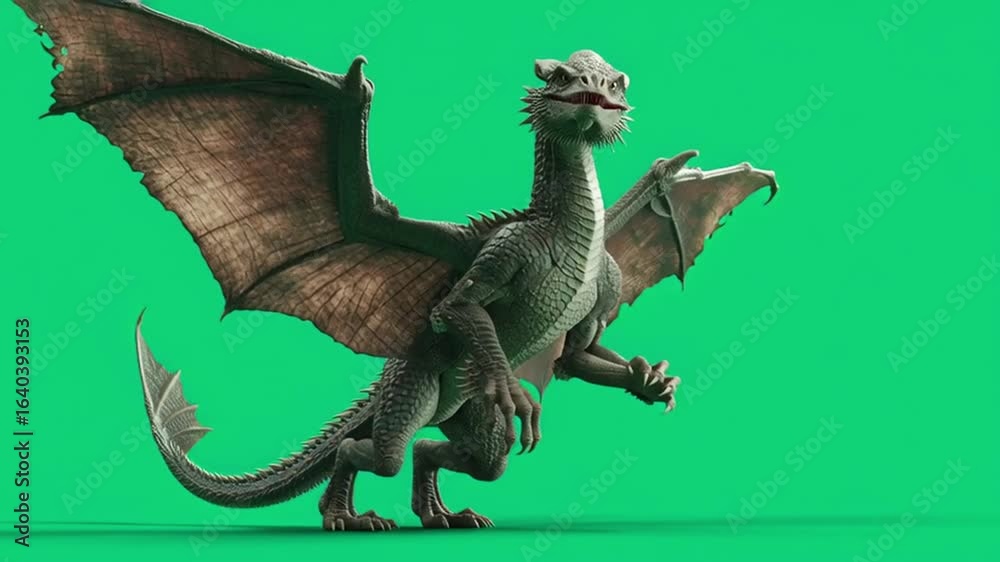Dragon on green screen with wings spread and ready to fly in a fantasy ...