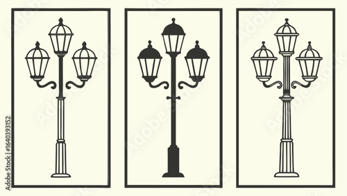 Ornate street lamps in decorative frames lampposts