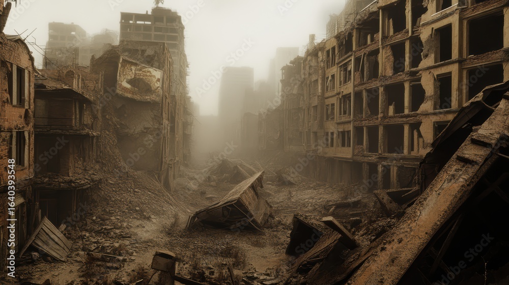 Fototapeta premium A desolate, post-apocalyptic urban landscape filled with collapsed buildings and debris, shrouded in dust and a gloomy atmosphere.
