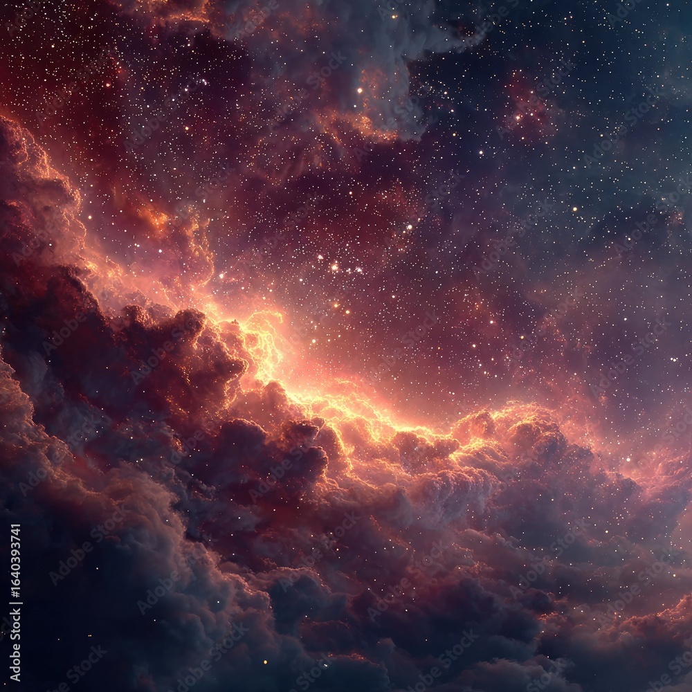 Fototapeta premium Fiery nebula clouds, speckled with stars