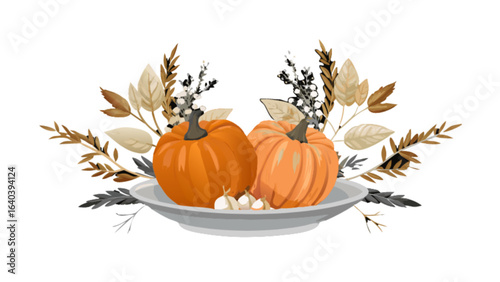 Autumn harvest pumpkins and garlic on plate with foliage for thanksgiving seasonal decoration design
