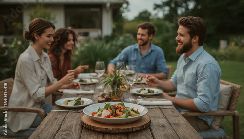Photo of a group of friends enjoying a healthy meal together at an outdoor table in a lush green garden setting near their home