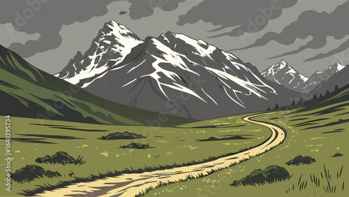 Mountain landscape scenery vector illustration with snowy peaks and winding road travel destination drawing