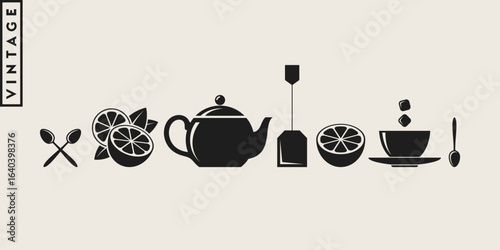 Tea icon set.  Vintage style teapot tea leaves spoon lemon sugar and tea cup