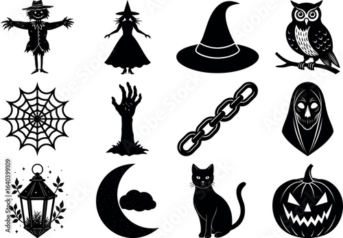 Halloween silhouettes set. haunted castles, witches, ghosts, pumpkins, spiders, skull. Collection of Halloween vector