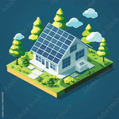 solar farm power plant with solar cell green energy ecology powerhouse concept electricity in nature isometric vector isolated, vector style simple color