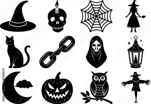 Halloween silhouettes set. haunted castles, witches, ghosts, pumpkins, spiders, skull. Collection of Halloween vector
