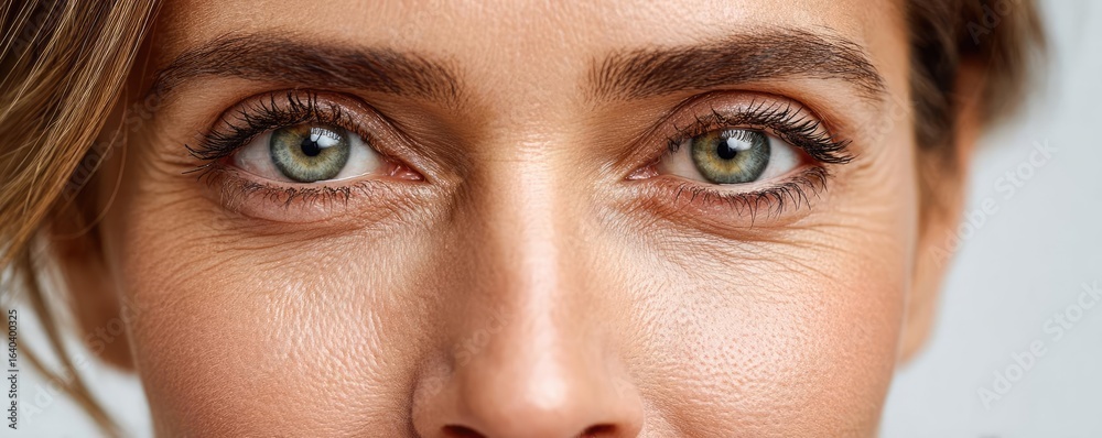 Naklejka premium Puffy eyelids with swollen circles concept. Close-up of a woman's expressive eyes with natural beauty.