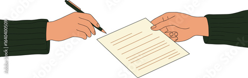 Business agreement signing concept with two hands exchanging contract, holding pen and document, professional deal negotiation scene, cad drawing flat vector illustration