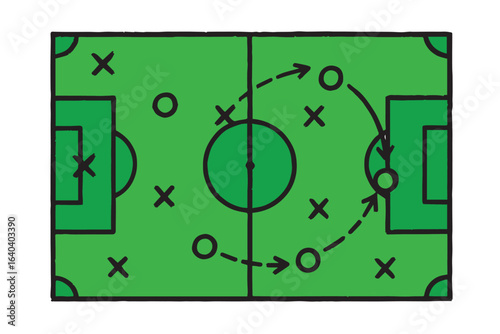 Vector illustration of football game tactical plan, featuring field layout, player positions, and strategy arrows, designed for sports analysis and coaching purposes.

