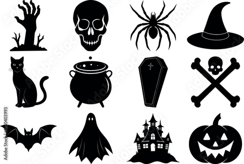 Halloween silhouettes set. haunted castles, witches, ghosts, pumpkins, spiders, skull. Collection of Halloween vector