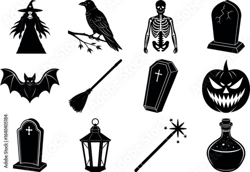 Halloween silhouettes set. haunted castles, witches, ghosts, pumpkins, spiders, skull. Collection of Halloween vector