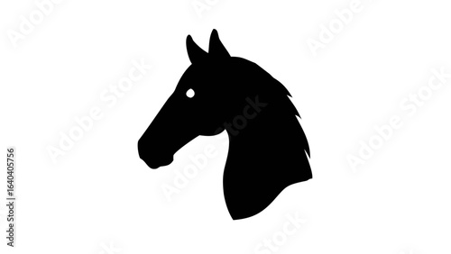 Silhouette of a horse head with a distinct mane and visible eye against a white background creates a simple graphic
