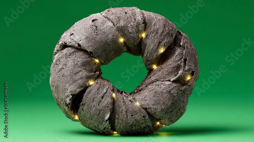 Rustic toroid shape made of torn burlap fabric with glowing yellow lights embedded