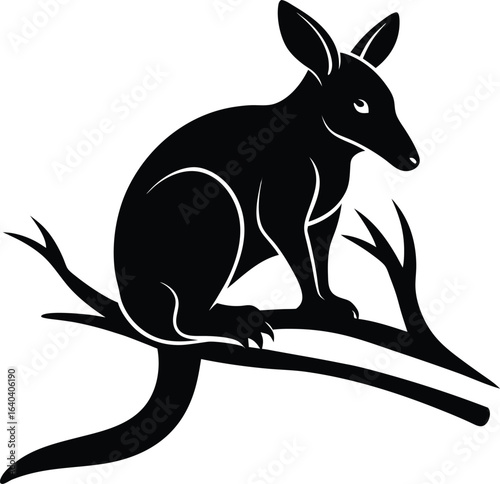 Black Silhouette: Wallaby Perched on Branch, Vector Art Design