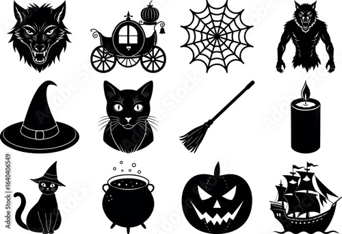 Halloween silhouettes set. haunted castles, witches, ghosts, pumpkins, spiders, skull. Collection of Halloween vector