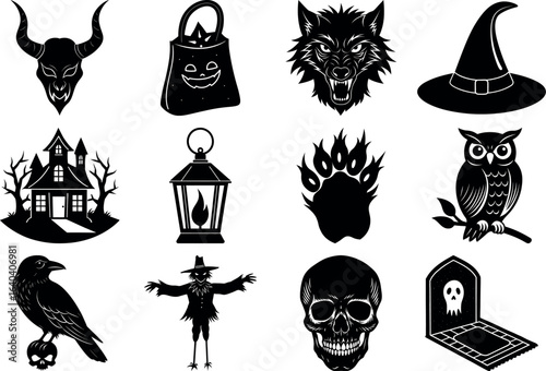 Halloween silhouettes set. haunted castles, witches, ghosts, pumpkins, spiders, skull. Collection of Halloween vector