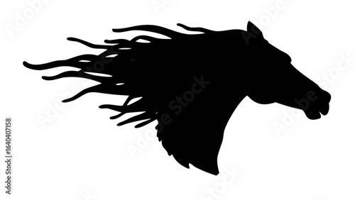 Silhouette of a horse head with a flowing mane blowing in the wind against a white background isolated
