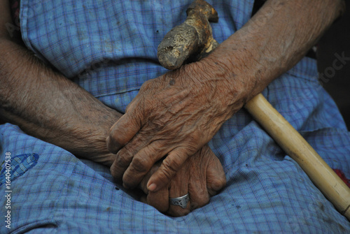Wrinkled elderly hands resting on a rustic wooden cane