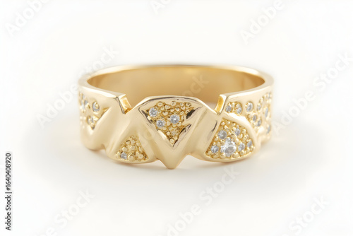 Gold Ring with Geometric Design and Small Stones on White