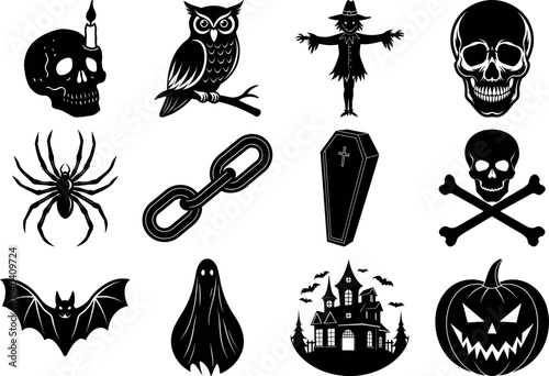 Halloween silhouettes set. haunted castles, witches, ghosts, pumpkins, spiders, skull. Collection of Halloween vector
