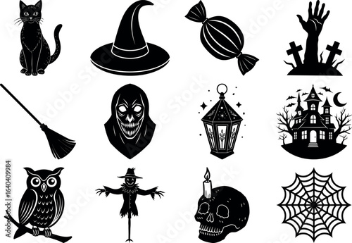 Halloween silhouettes set. haunted castles, witches, ghosts, pumpkins, spiders, skull. Collection of Halloween vector