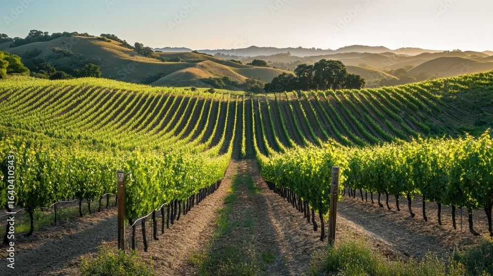 Fototapeta premium A lush vineyard stretches across rolling hills under a golden sunset, featuring neatly arranged rows of grapevines.