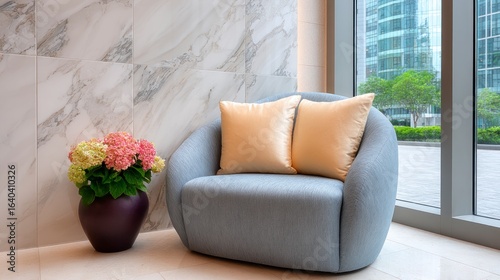 Modern armchair with decorative pillows and potted hydrangeas beside a marble wall and large window with city view