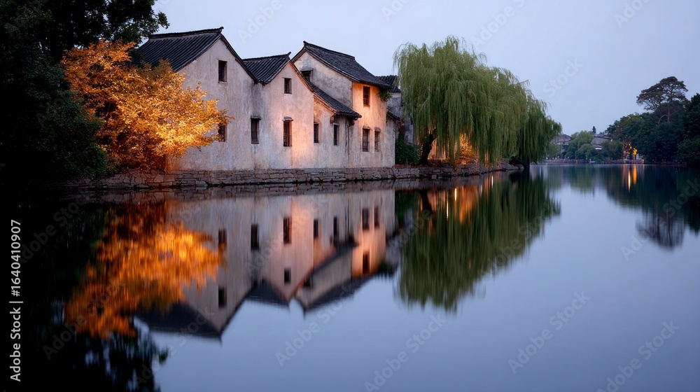 Fototapeta premium Ancient white village houses line a tranquil canal with weeping willow and illuminated trees reflecting