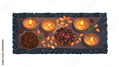 Still life candles and dried fruits art illustration for home decor and festive arrangements design ideas