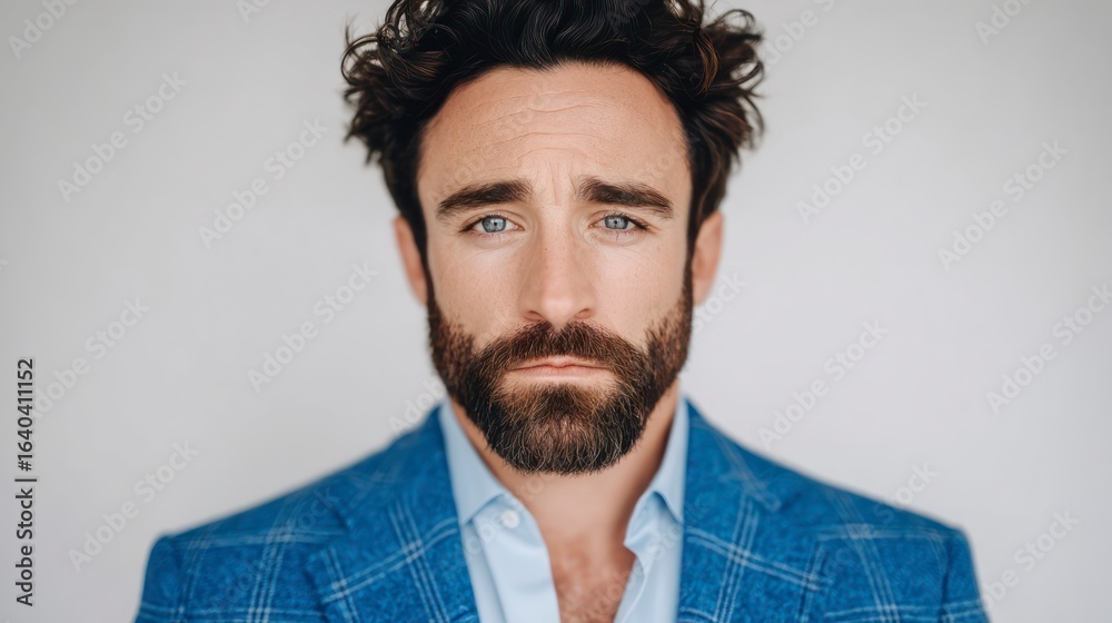 Fototapeta premium A man with blue eyes and a beard wears a blue plaid suit jacket Male Suits