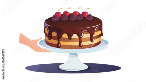 Delicious chocolate cake with cherries on a cake stand being served on a plate dessert bakery food treat 100