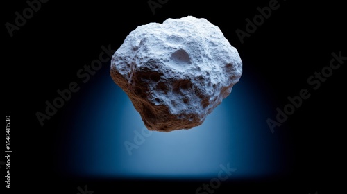 Fototapeta Naklejka Na Ścianę i Meble -  A detailed textured asteroid with craters floats in dark space illuminated by a subtle blue light