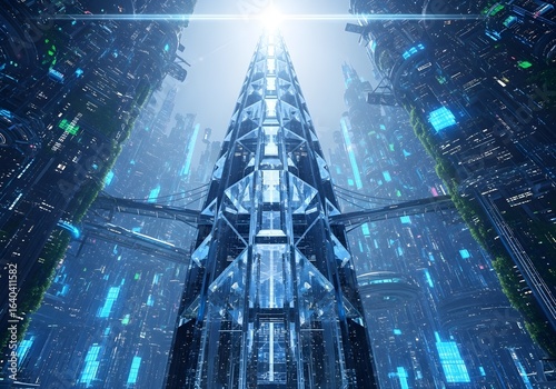 Crystalline Skyscraper in Bioluminescent City