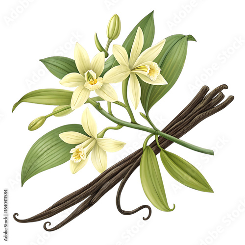 Vanilla orchid flowers and beans isolated on transparent background