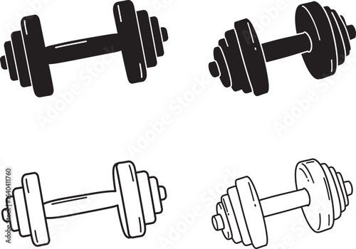 Dumbbell Weight Set Illustration in Line Art and Silhouette Style 