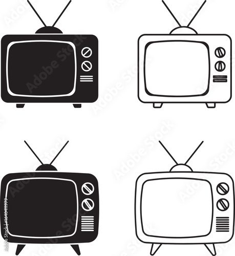Vintage Television Set Collection in Line Art and Silhouette Style 