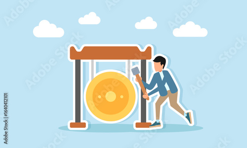 Young man playing traditional gong musical instrument illustration of appreciation for music day or music festival