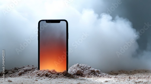 Wallpaper Mural Black smartphone partially buried in sand with glowing screen against smoky background Torontodigital.ca