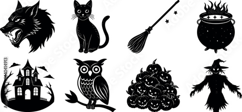 Set of Halloween silhouettes perfect for vector designs Vector illustration. Collection of Halloween vector elements