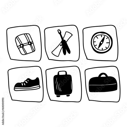 Hand drawn travel icons isolated on white background, including bags, compass, shoe, and map for vacation