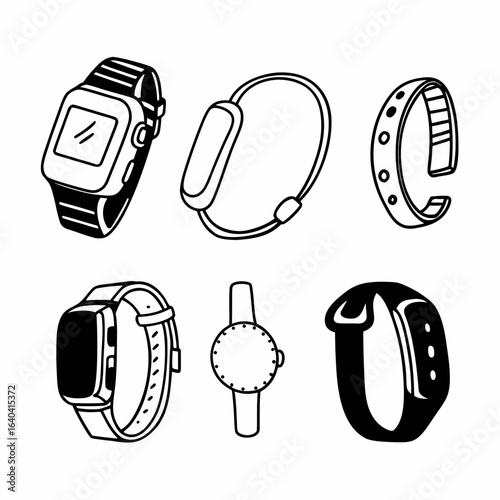 Collection of different smartwatches and fitness trackers isolated on white background in doodle style