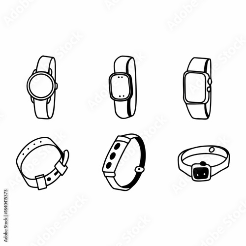 Set of various smartwatches and fitness trackers isolated on white background in doodle style