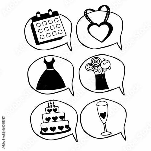 Wedding icons in speech bubbles isolated on white background featuring calendar, necklace, dress, and cake