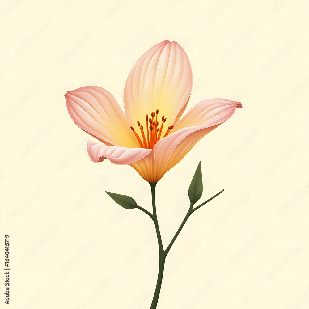 Naklejka premium Beautiful Pink Flower with Yellow Center on Green Stem