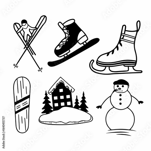 Winter sport icons set with ice skate, ski, snowboard, snowman and house isolated on white background