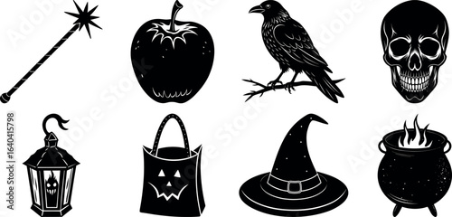 Set of Halloween silhouettes perfect for vector designs Vector illustration. Collection of Halloween vector elements